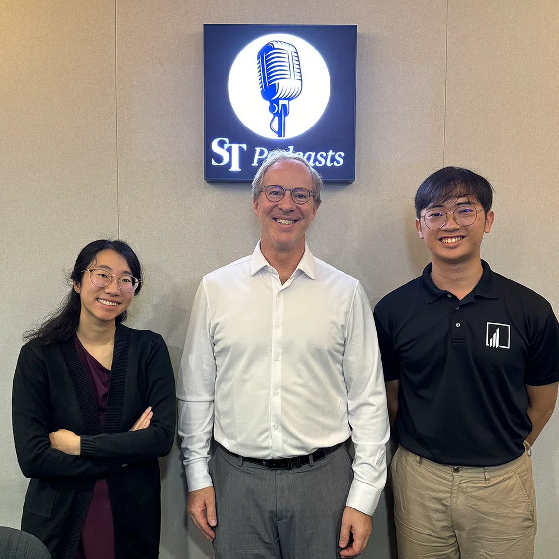 (From left) ST business correspondent Sue-Ann Tan, Associate Professor of Finance Matthew Dearth and NTU undergraduate Victor Tan at the ST podcast studio.