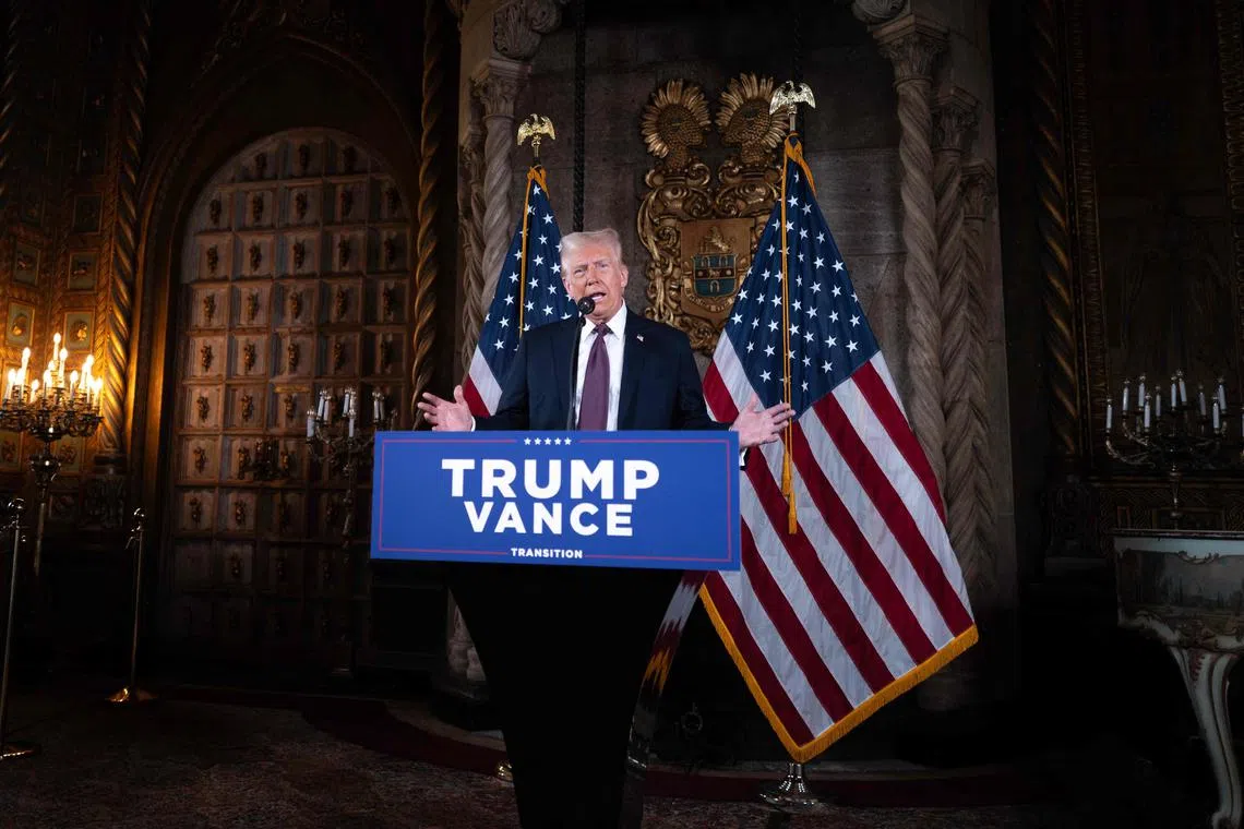 US President-elect Donald Trump delivering a press conference at his Mar-a-Lago residence in Palm Beach, Florida, on Jan 7.