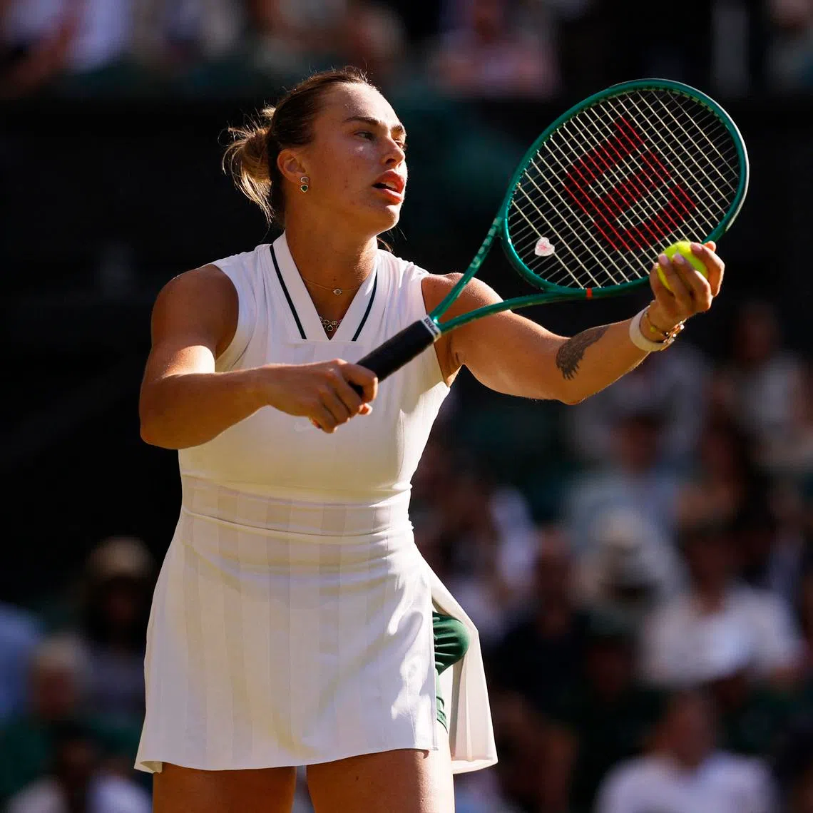 Tennis - Wimbledon - All England Lawn Tennis and Croquet Club, London, Britain - July 3, 2026 Belarus' Aryna Sabalenka in action during her third round match against Latvia's Jelena Ostapenko REUTERS/Andrew Couldridge