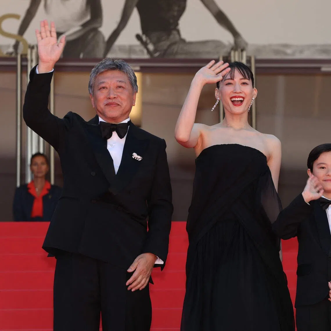 (From left) Director Hirokazu Kore-eda and actors Haruka Ayase, Rimu Kuwaki and Daigo Yamamoto at the screening of Sheep In The Box at the Cannes Film Festival in Cannes, southern France on May 16, 2026. 