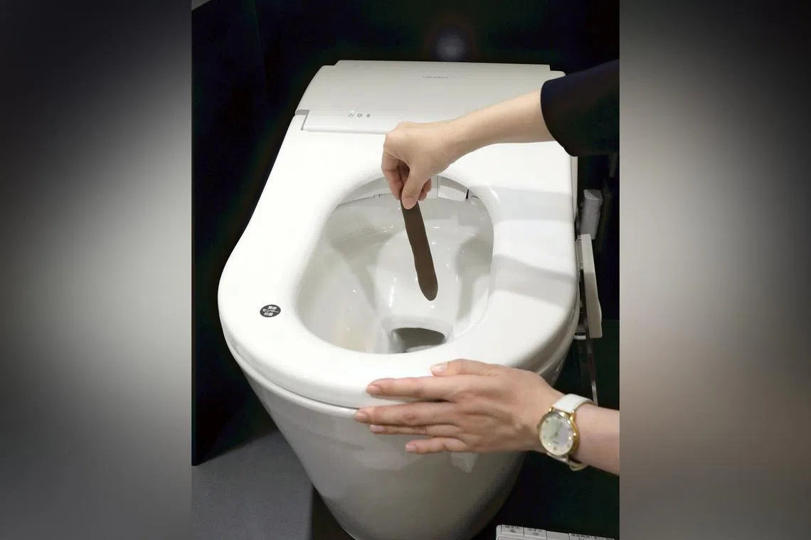 Demonstration of a smart toilet measuring the characteristics of a model stool.