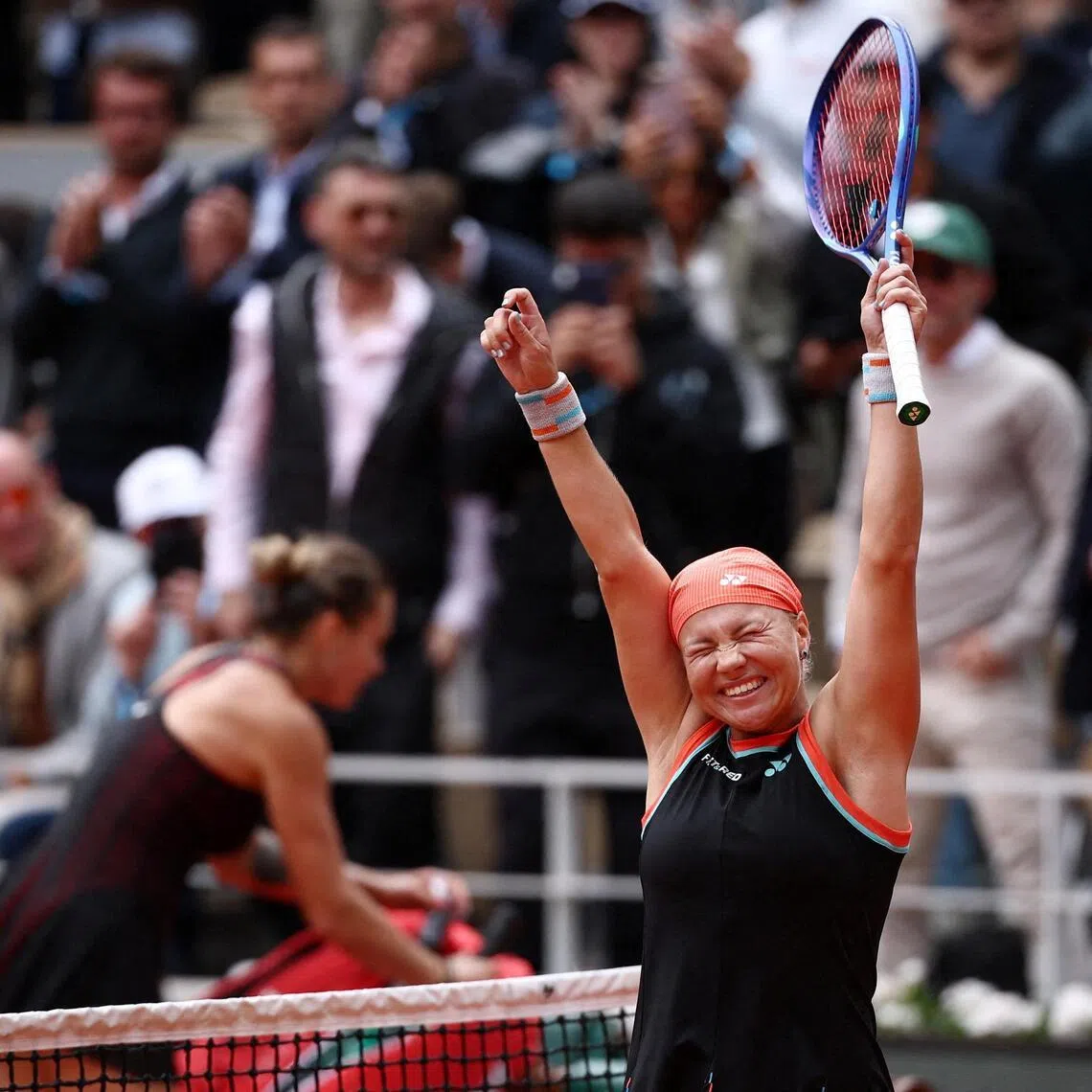 Russia's Diana Shnaider celebrating after her stunning 3-6, 7-5, 6-0 win over world No. 1 Belarusian Aryna Sabalenka in their French Open quarter-final on June 3.