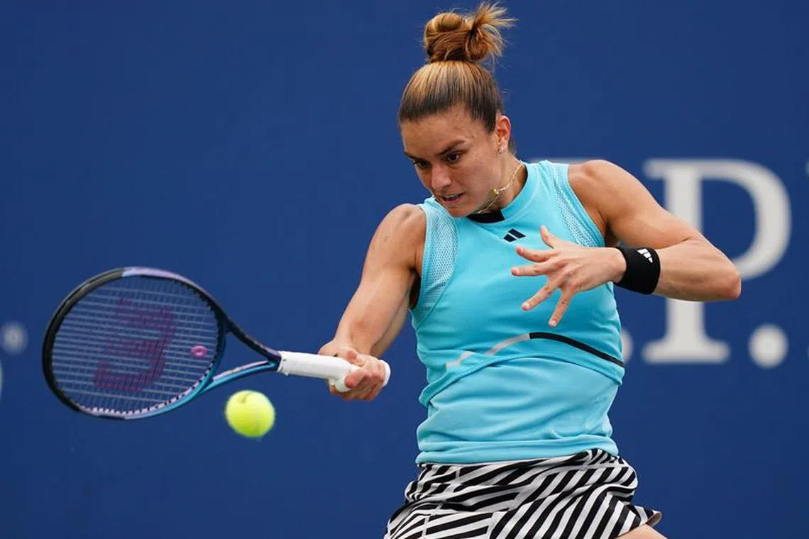 Aug 28, 2023; Flushing, NY, USA;   Maria Sakkari of Greece in action against Rebeka Masarova of Spain on day one of the 2023 U.S. Open tennis tournament at the USTA Billie Jean King National Tennis Center. Mandatory Credit: Jerry Lai-USA TODAY Sports