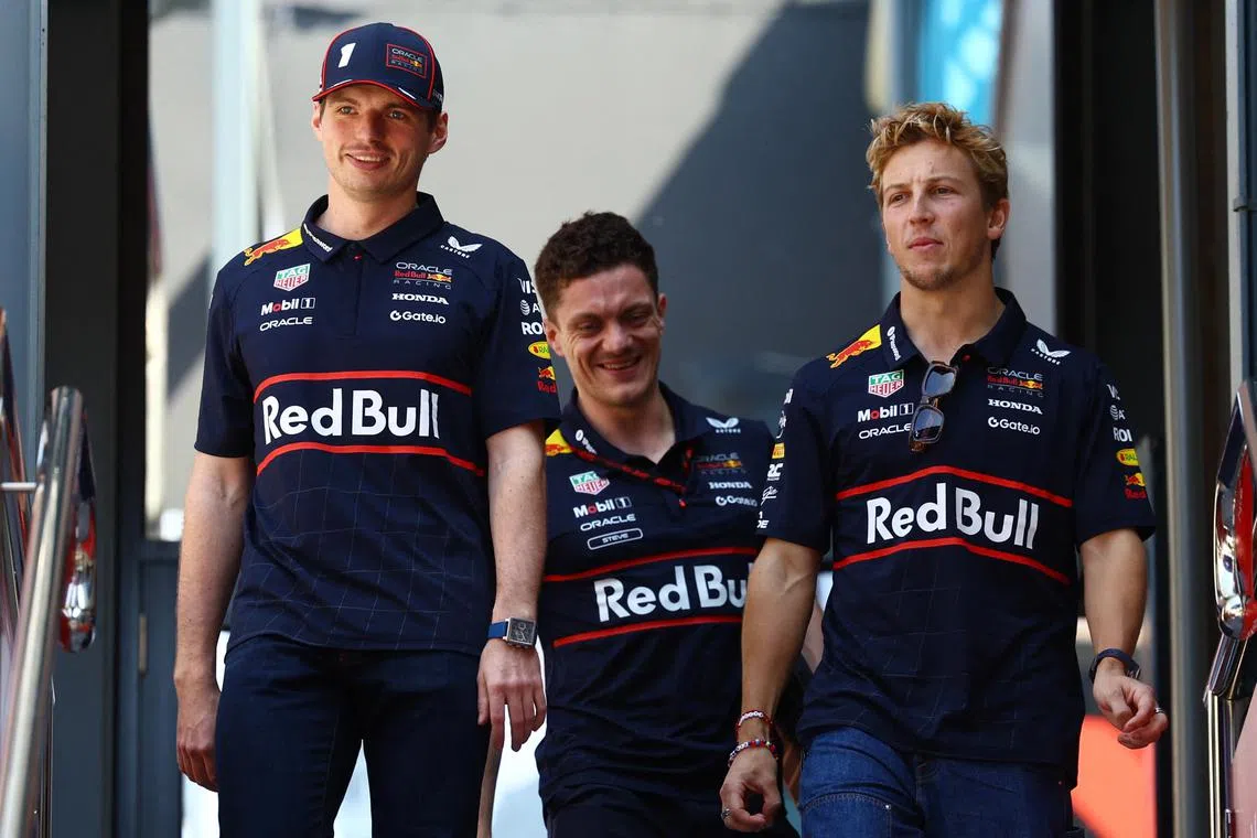 Red Bull's Max Verstappen (left) and Liam Lawson (right) ahead of the Australian Grand Prix on March 13.