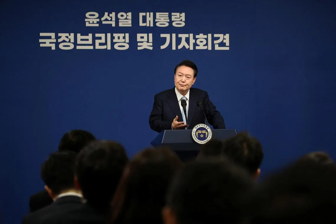 South Korean President Yoon Suk-yeol delivers a speech during his briefing on state affairs at a press conference at the presidential office in Seoul, South Korea, August 29, 2024. Chung Sung-Jun/Pool via REUTERS