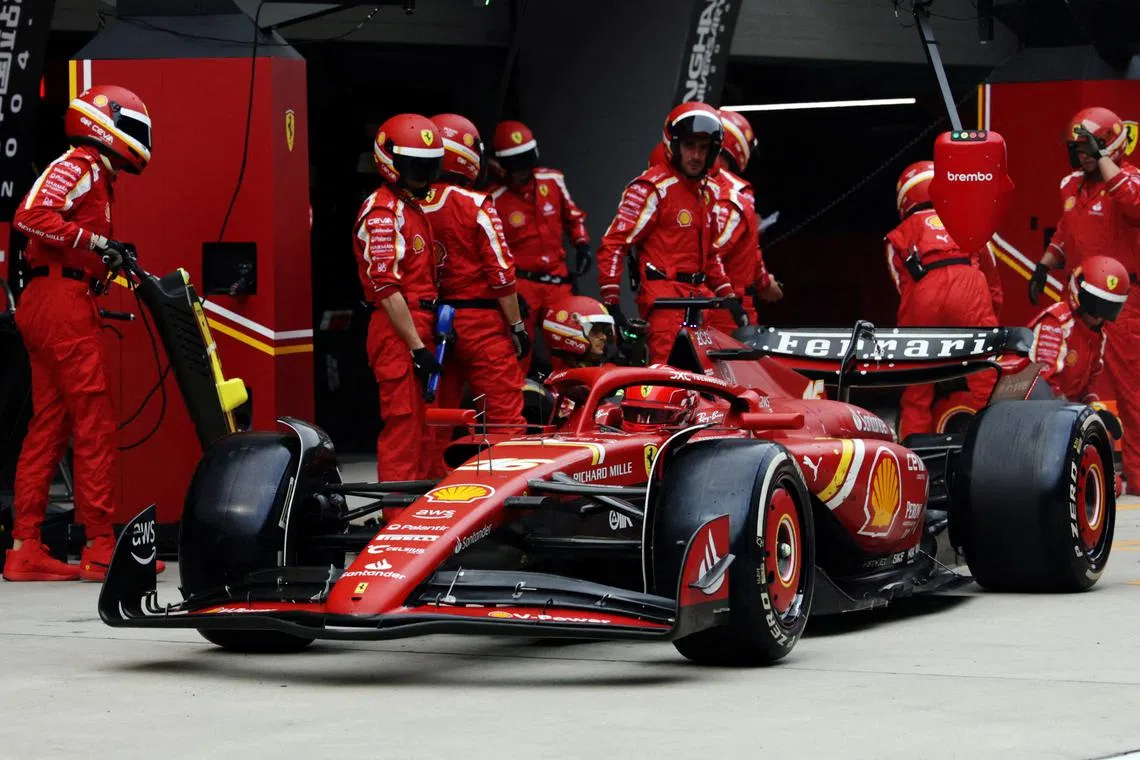 FILE PHOTO: Formula One F1 - Chinese Grand Prix - Shanghai International Circuit, Shanghai, China - April 21, 2024 Ferrari's Charles Leclerc in the pits during the race Pool via REUTERS/Andres Martinez Casares/File Photo