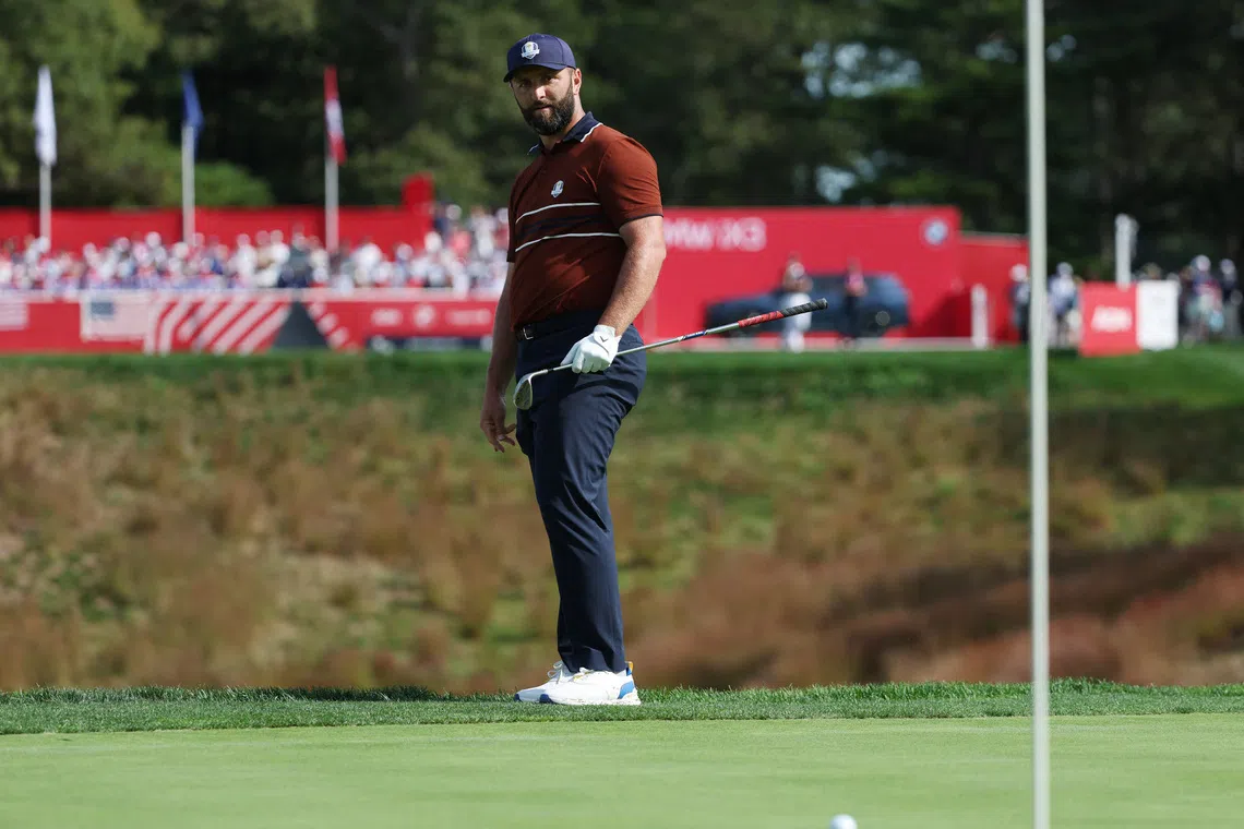 Golf - The 2025 Ryder Cup - Bethpage Black Golf Course, Farmingdale, New York, United States - September 27, 2025 Team Europe's Jon Rahm reacts on the 14th hole during the foursomes REUTERS/Brendan Mcdermid