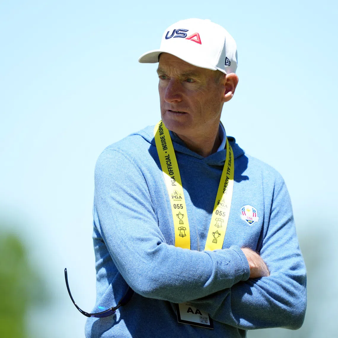 FILE PHOTO: May 12, 2026; Newtown Square, Pennsylvania, USA; Jim Furyk looks on during a practice round of the PGA Championship golf tournament at Aronimink Golf Club. Mandatory Credit: James Lang-Imagn Images/File Photo