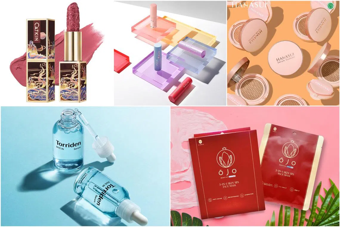 (Clockwise from top left): Catkin's Rouge Carving Lipstick, Kahi Multi Balm range, Hanasui Serum Cushion, OJO 3-in-1 Skin Spa Face Mask, Torriden Dive-In Serum.