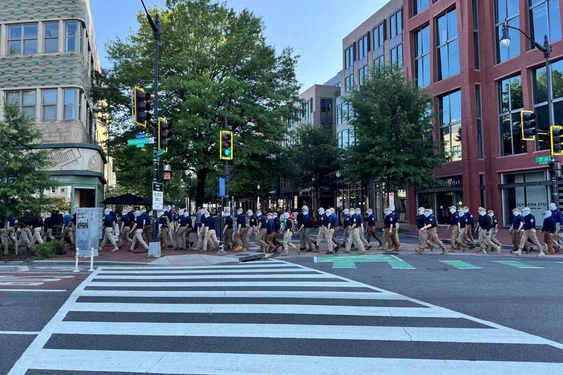 Members from the Patriot Front march on the 250th anniversary of U.S. independence in Washington, D.C., U.S., July 4, 2026, in this image obtained by Reuters. Handout via REUTERS THIS IMAGE HAS BEEN SUPPLIED BY A THIRD PARTY NO RESALES. NO ARCHIVES.