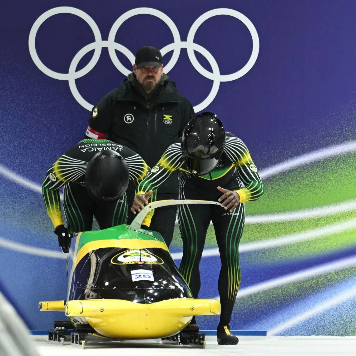 Milano Cortina 2026 Olympics - Bobsleigh - 2-man Heat 1 - Cortina Sliding Centre, Cortina d'Ampezzo, Italy - February 16, 2026. Shane Pitter and Junior Harris of Jamaica before their first run REUTERS/Annegret Hilse