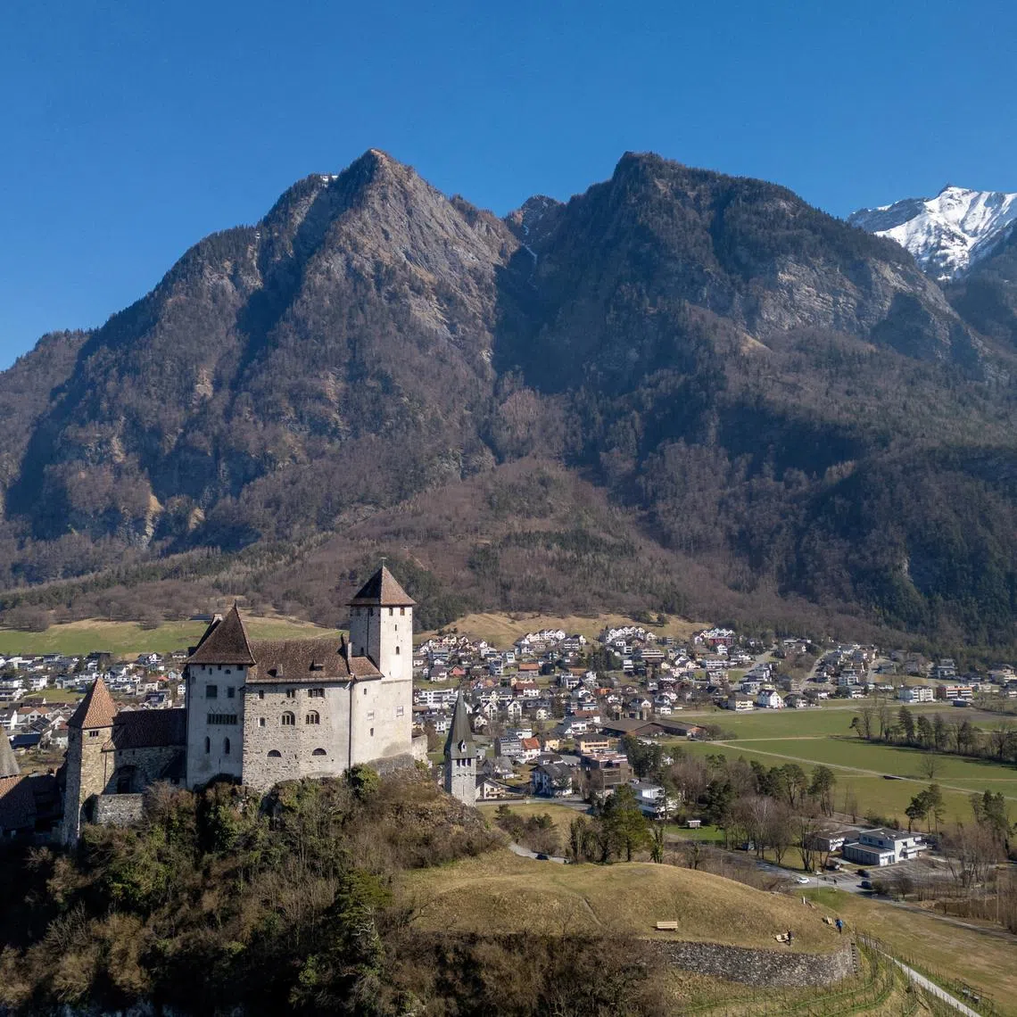 A drone view shows the Gutenberg Castle in Balzers near Vaduz, Liechtenstein, March 3, 2025. REUTERS/Denis Balibouse/File Photo