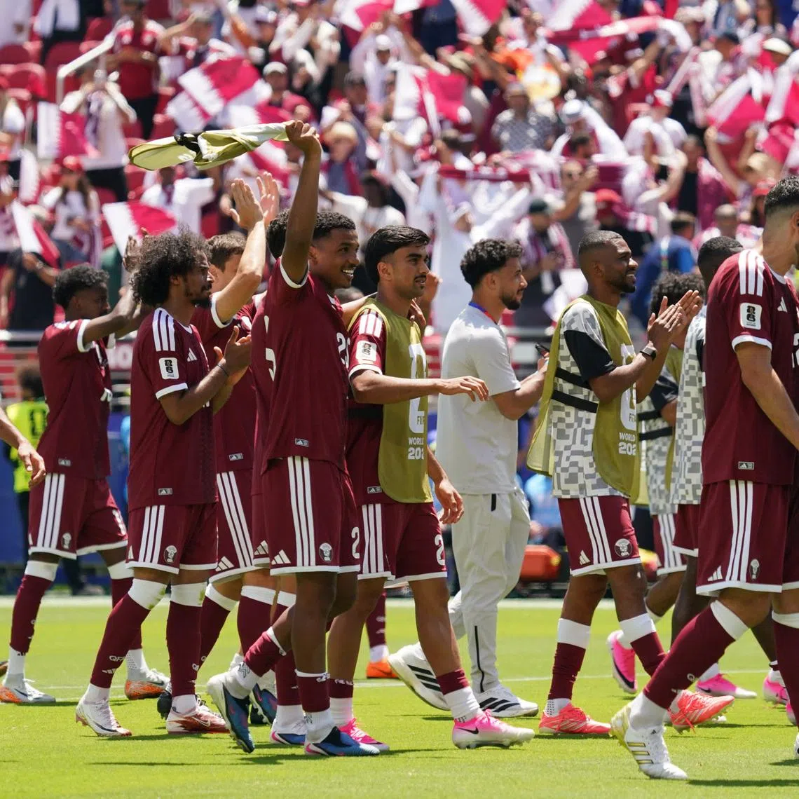 Soccer Football - FIFA World Cup 2026 - Group B - Qatar v Switzerland - San Francisco Bay Area Stadium, Santa Clara, California, U.S. - June 13, 2026 Qatar players celebrate after the match IMAGN IMAGES via Reuters/David Gonzales