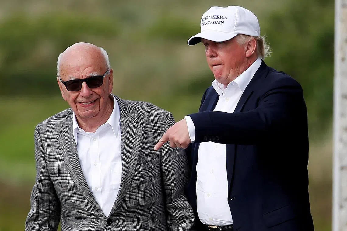 Mr Rupert Murdoch (left) testified that he seriously doubted Mr Donald Trump’s conspiracy theory right away. 