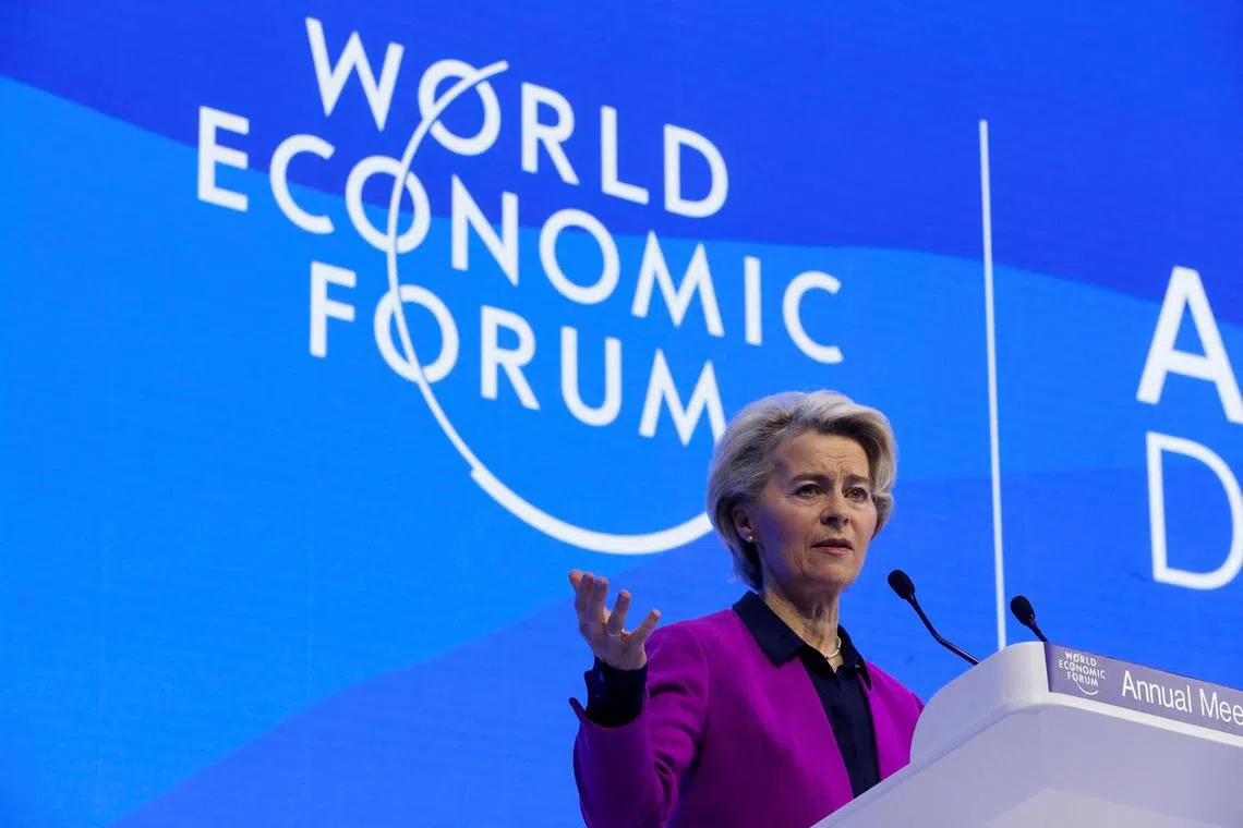 EU Commission President Ursula von der Leyen addressing the World Economic Forum, in Davos, Switzerland.
