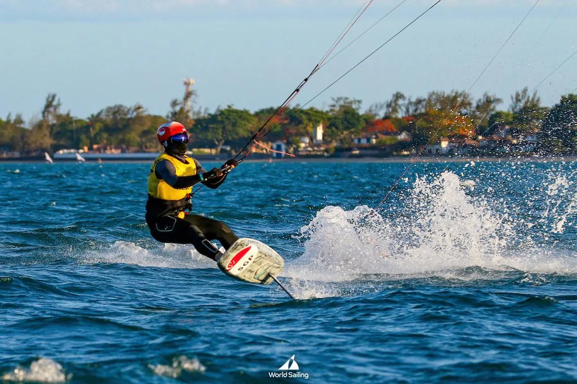 Maximilian Maeder, 17, competing in the Male Formula Kite class at the 2023 Youth Sailing World Championships in Buzios, Brazil.