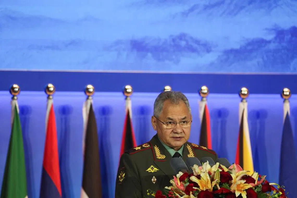 Russian Defence Minister Sergei Shoigu speaks at the Beijing Xiangshan Forum in Beijing, China October 30, 2023. REUTERS/Florence Lo