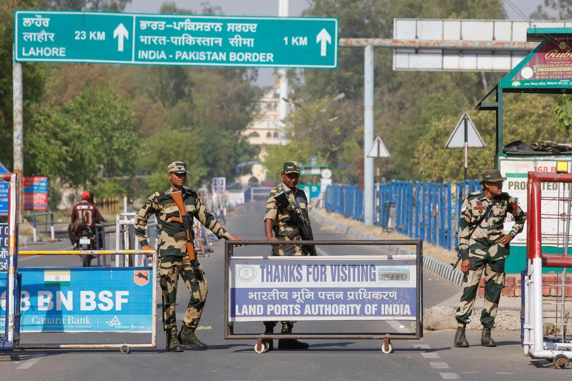 Border Security Force (BSF) security personnel stand guard at the Attari-Wagah crossing on the India-Pakistan border in Amritsar, following Tuesday’s attack on tourists near south Kashmir’s scenic Pahalgam, India, April 25, 2025. REUTERS/Pawan Kumar