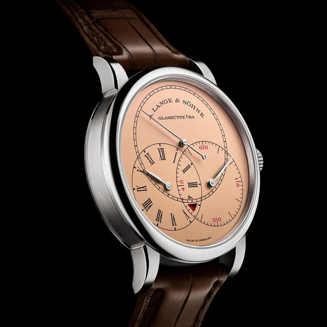 The latest incarnation of A. Lange & Sohne’s Richard Lange Jumping Seconds pairs a warm pink-gold dial with a cool white-gold case. 