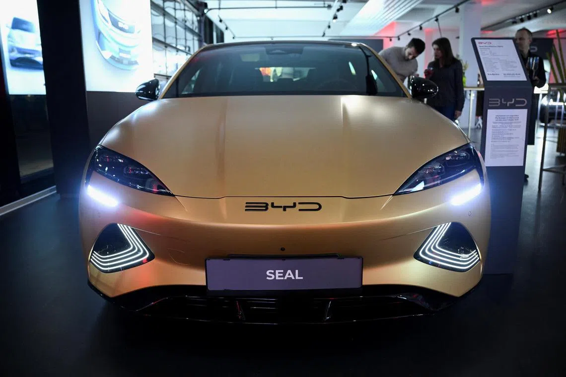 A BYD SEAL electric vehicle is displayed during a BYD store opening at the car dealership Sternauto in Berlin on Jan 31.  