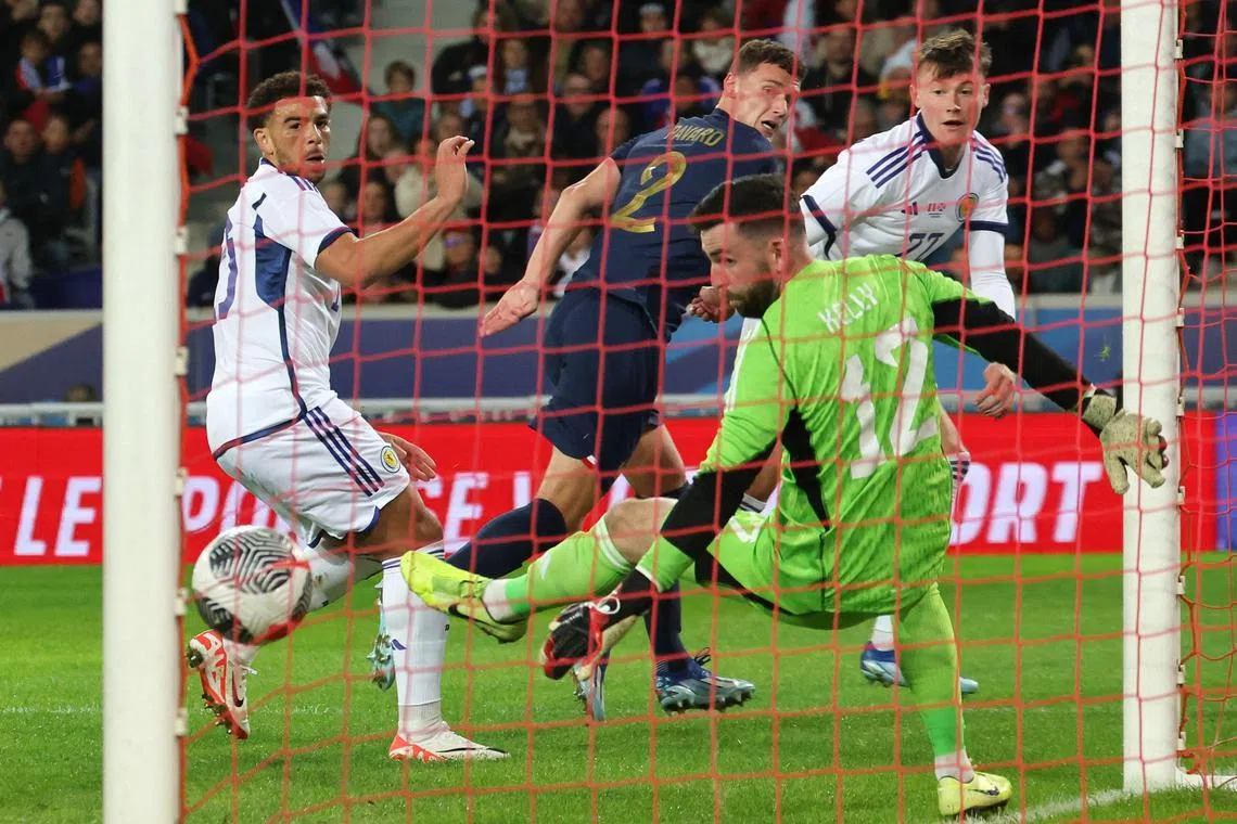 France defender Benjamin Pavard scoring his second headed goal in their 4-1 friendly win over Scotland.