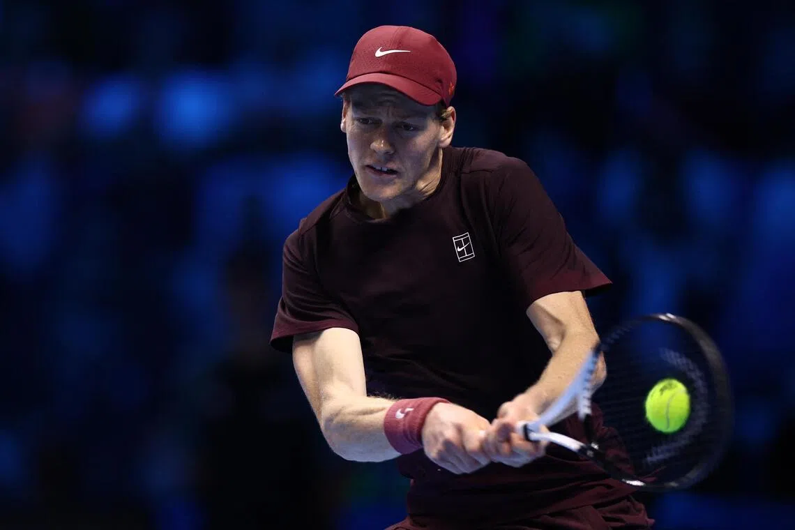 Italy's Jannik Sinner in action during his ATP Finals group  match against Ben Shelton of the US on Nov 14.