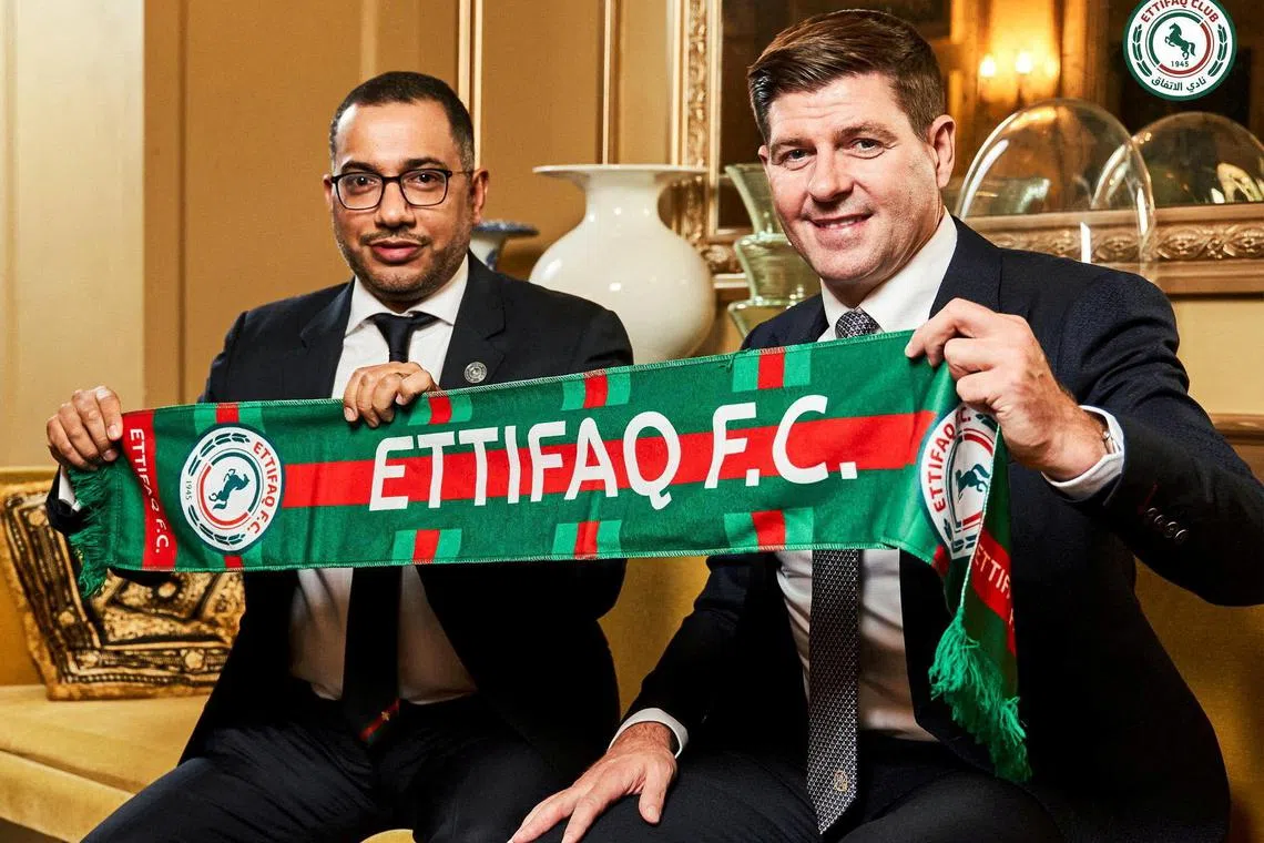 Steven Gerrard is unveiled as Saudi top-flight team Al-Ettifaq's new coach in London on July 3, 2023. With him is club president Khaled Al Dabal.