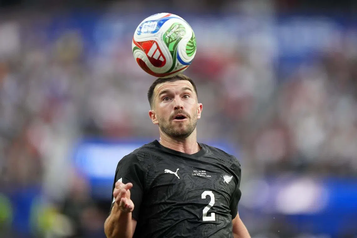 Jun 15, 2026; Inglewood, California, USA; New Zealand defender Tim Payne (2) pursues the ball in the first half against Iran during a Group G match in the 2026 FIFA World Cup at Los Angeles Stadium. Mandatory Credit: Kirby Lee-Imagn Images