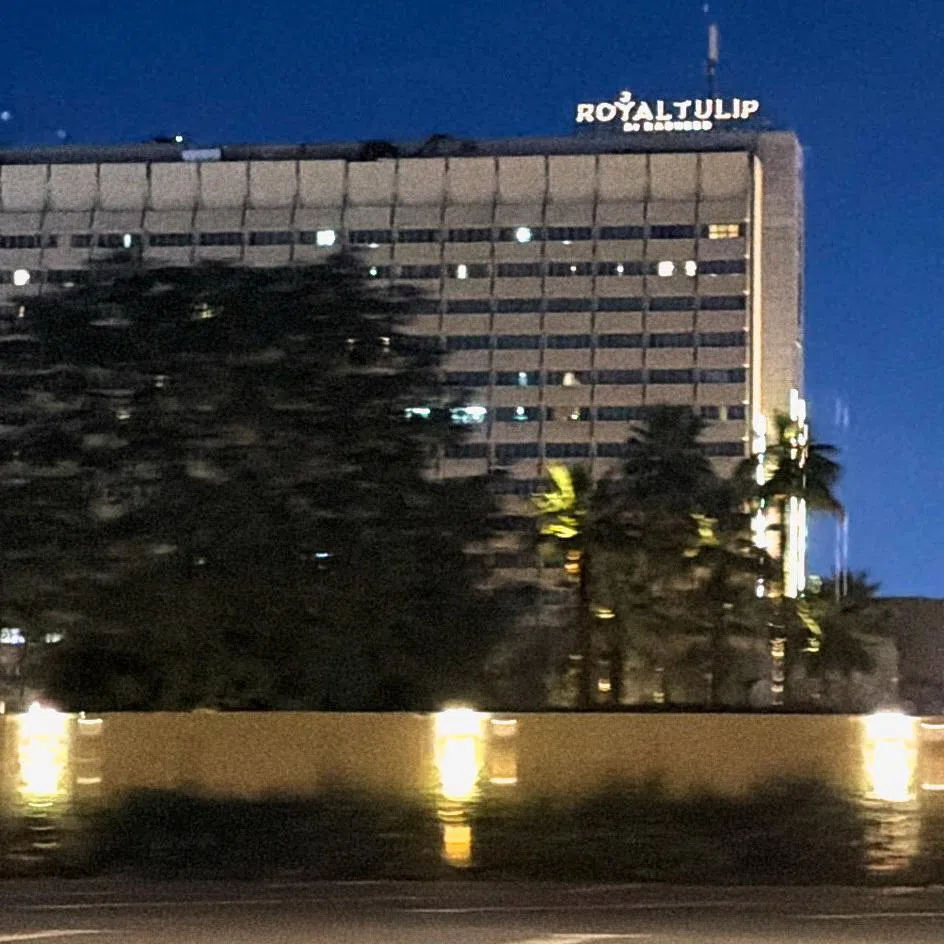 The Al-Rasheed Hotel in Baghdad's Green Zone after a reported drone attack, according to security sources, in Baghdad, Iraq, March 16, 2026. REUTERS/Stringer