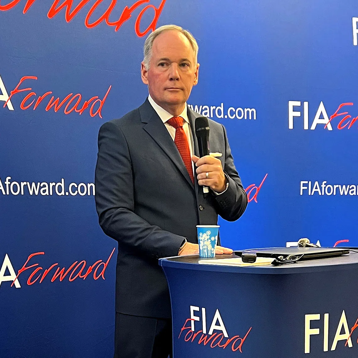 Formula One F1 - British Grand Prix - Towcester, Britain - July 4, 2025 Tim Mayer during a press conference as he announces candidacy for FIA president REUTERS/Alan Baldwin