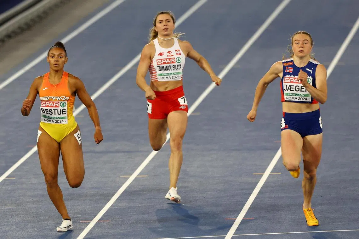 From left: Spain's Jael Bestue, Poland's Krystsina Tsimanouskaya and Norway's Henriette Jaeger in the 200m heats at the European Athletics Championships in Rome, Italy on June 10, 2024. Tsimanouskaya defected from Belarus during Tokyo 2020. 