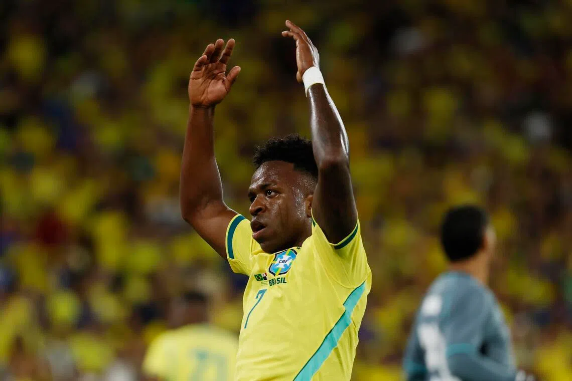 Vinicius Jr celebrating a goal during the 6-2 international friendly win over Panama at the Maracana in Rio de Janeiro on May 31, 2026.