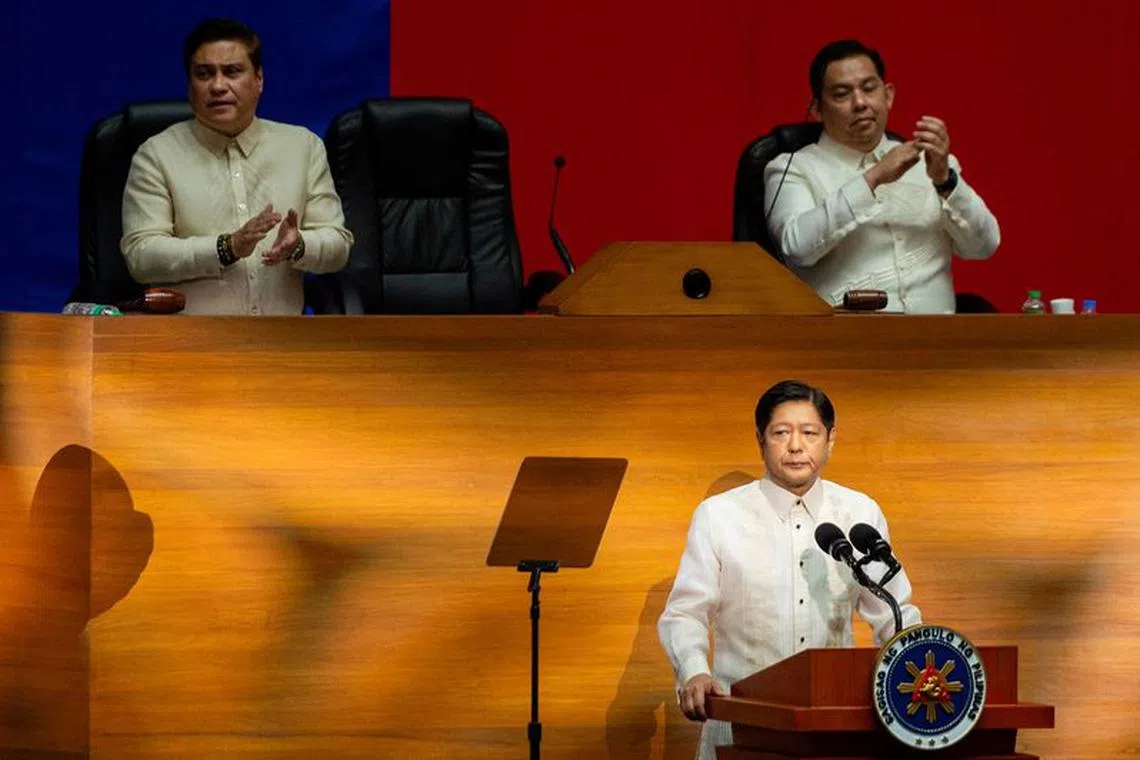Senate President Juan Miguel Zubiri and House Speaker Martin Romualdez clap their hands as Philippine President Ferdinand Marcos Jr. delivers his second State of the Nation Address (SONA), at the House of Representative in Quezon City, Metro Manila, Philippines, July 24, 2023. REUTERS/Lisa Marie David