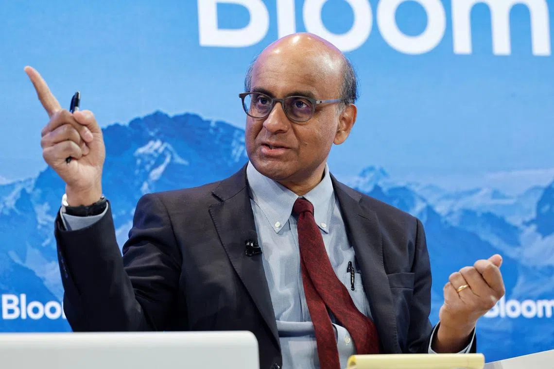 Singapore’s Senior Minister Tharman Shanmugaratnam during a panel session on day two of the WEF in Davos on Jan 18, 2023. 