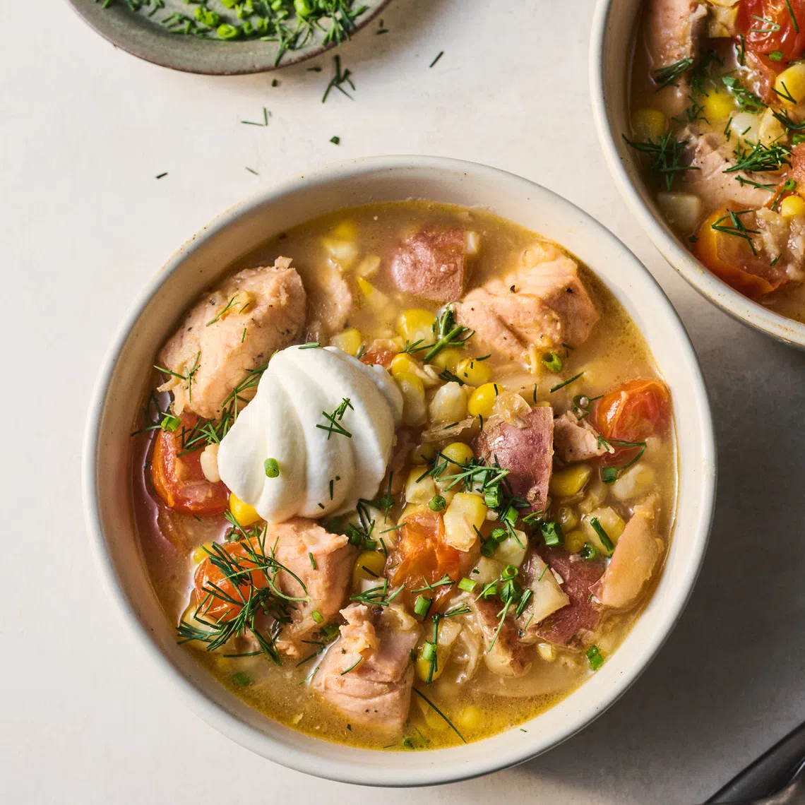 Filled with tender pieces of salmon and sweet corn kernels, this soup is both satisfying and easy to make.