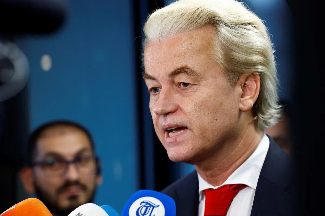 Dutch far-right politician and leader of the PVV party Geert Wilders reacts as he meets the press as Dutch parties' lead candidates meet for the first time after elections, in which far-right politician Geert Wilders booked major gains, to begin coalition talks in The Hague, Netherlands, November 24, 2023. REUTERS/Piroschka van de Wouw/ File Photo