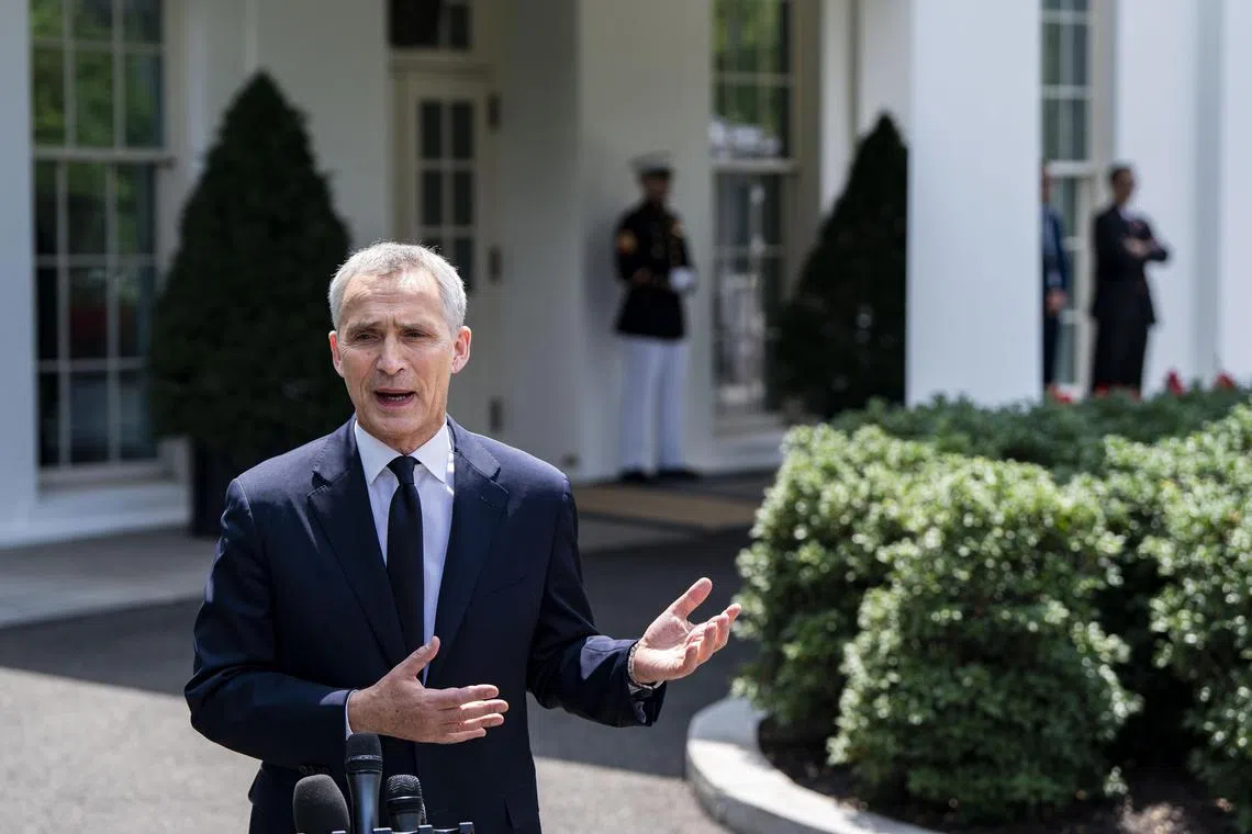 Nato Secretary-General Jens Stoltenberg speaks to reporters outside the White House, after meeting US President Joe Biden.