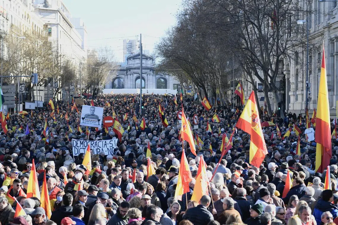 Thousands of people attend a rally in  downtown Madrid against the Socialist policies of Spanish Prime Minister Pedro Sanchez.