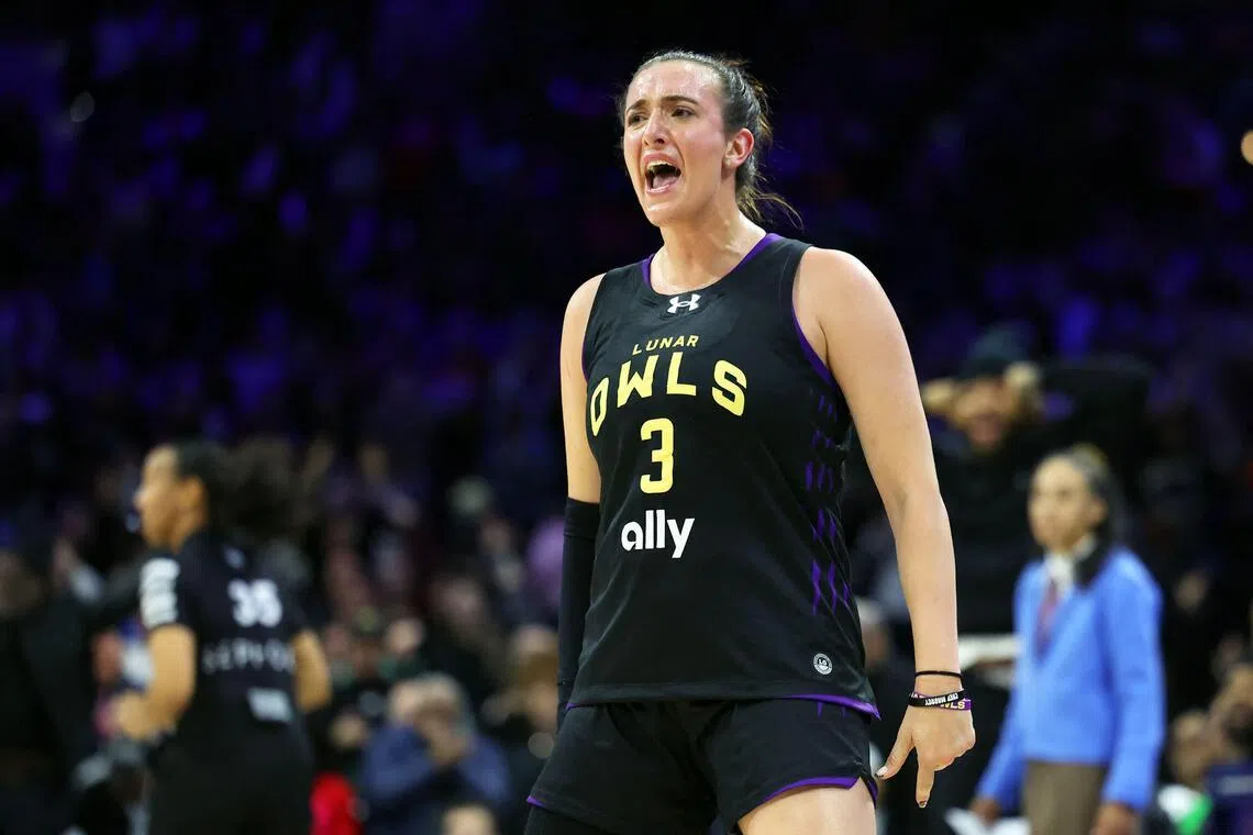 Marina Mabrey of the Lunar Owls reacting after making a shot during the 85-75 win over the Rose in the first half of the Unrivaled 2026 game at Xfinity Mobile Arena on Jan 30, 2026 in Philadelphia, Pennsylvania. 