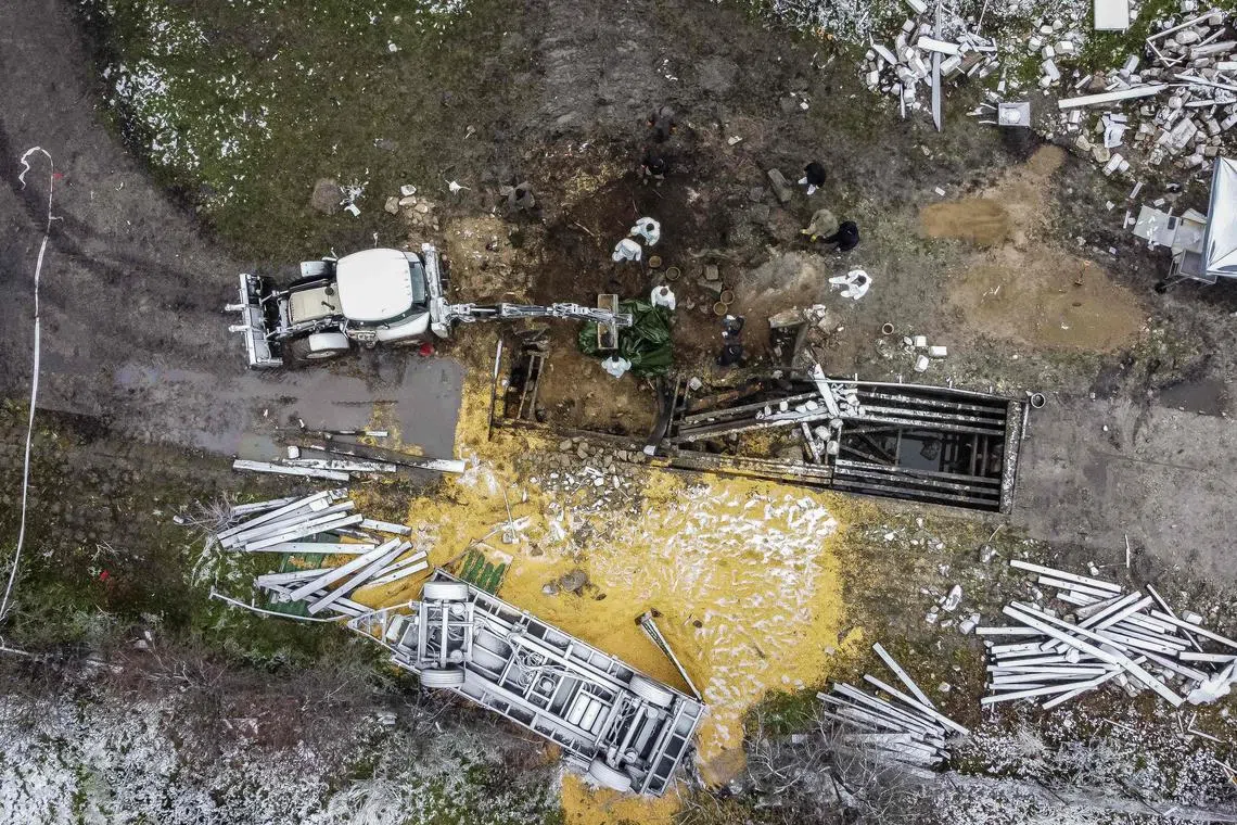 An aerial view shows the site where a missile strike killed two men in the eastern Poland village of Przewodow.