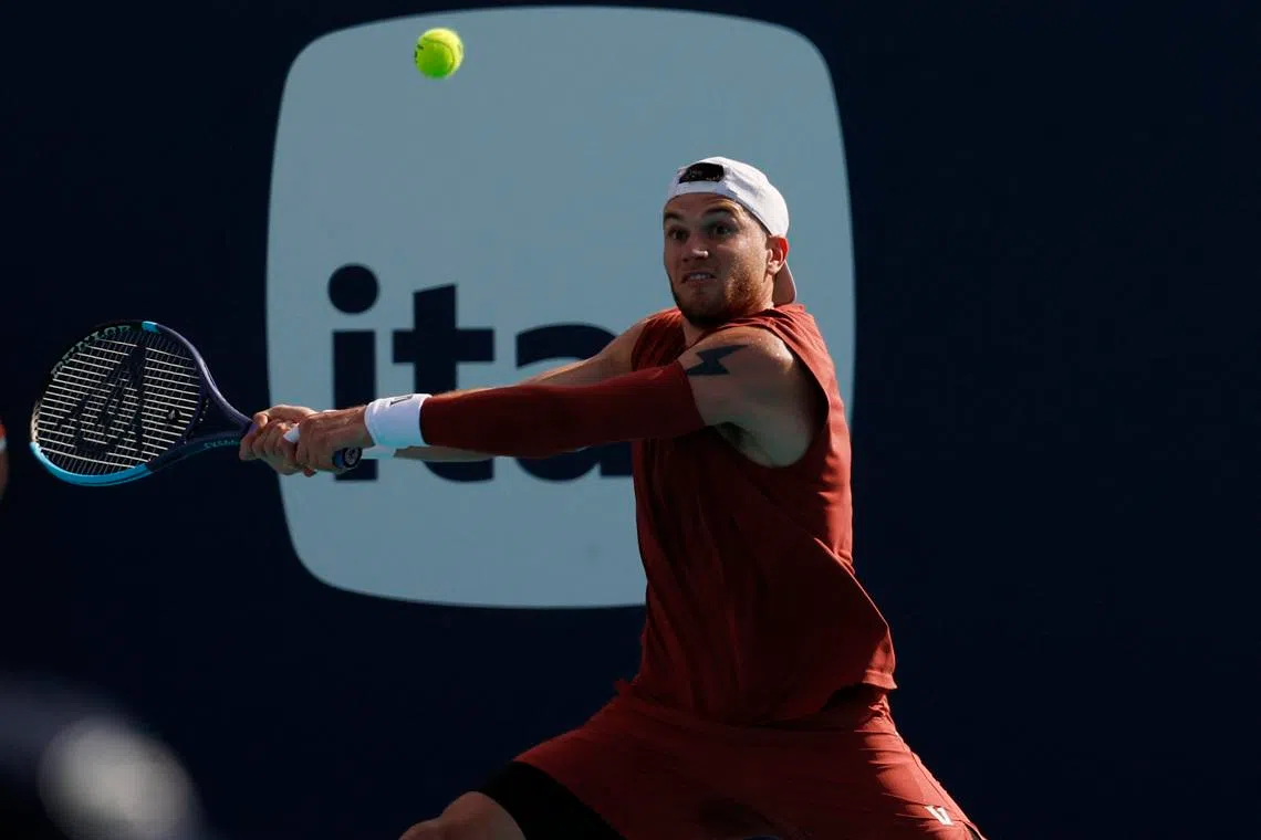 Mar 20, 2026; Miami Gardens, FL, USA; Jack Draper (GBR) hits a backhand against Reilly Opelka (USA) (not pictured) on day four of the 2026 Miami Open at Hard Rock Stadium. Geoff Burke-Imagn Images