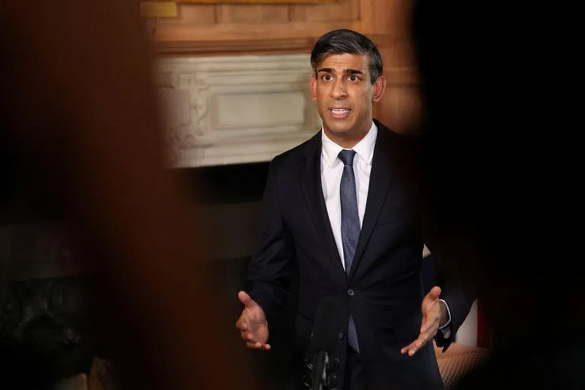 Britain’s Prime Minister Rishi Sunak records a video message about the situation in Israel at Chequers, the official country residence of the Prime Minister, near Aylesbury, Britain, Oct 8, 2023. REUTERS/Suzanne Plunkett/Pool/File Photo