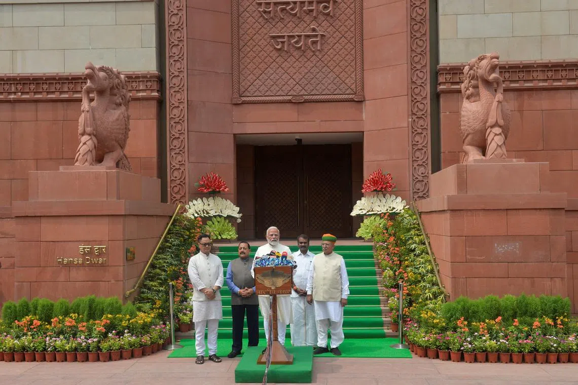 FILE PHOTO: India's Prime Minister Narendra Modi speaks to the media ahead of the opening of the first session of parliament post-election in New Delhi, India, June 24, 2024. REUTERS/Stringer/File Photo