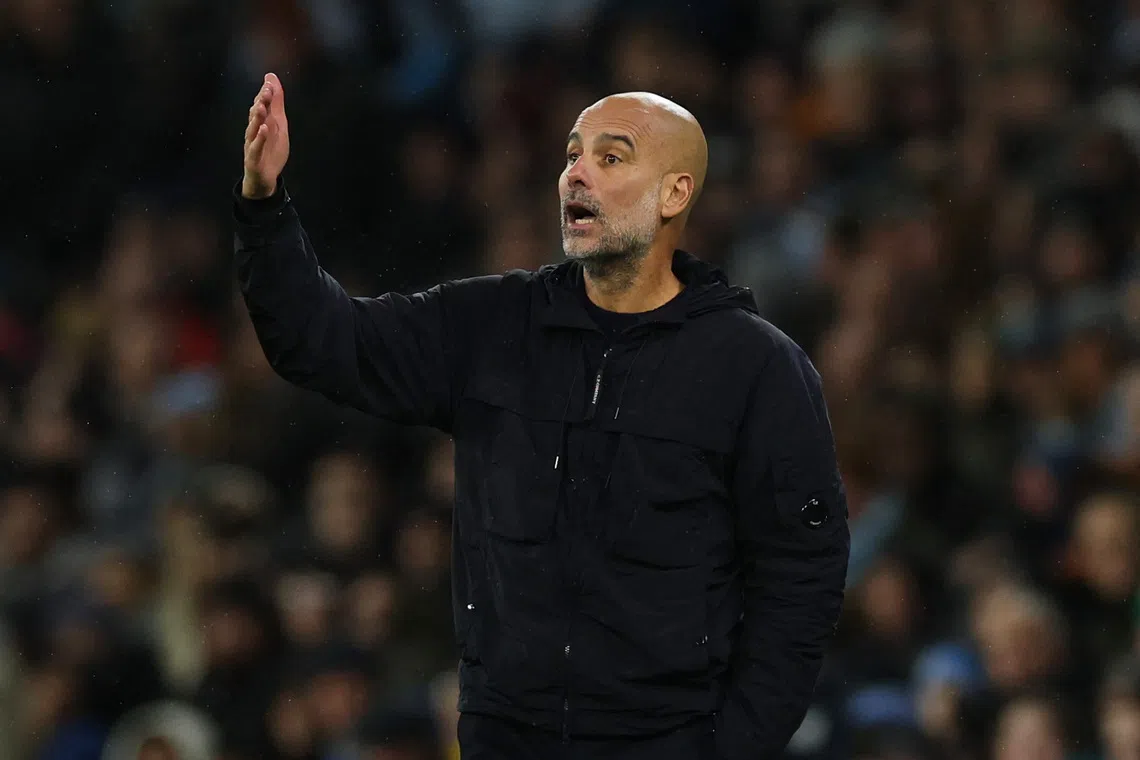 Soccer Football - Premier League - Manchester City v Leeds United - Etihad Stadium, Manchester, Britain - November 29, 2025 Manchester City manager Pep Guardiola reacts REUTERS/Phil Noble