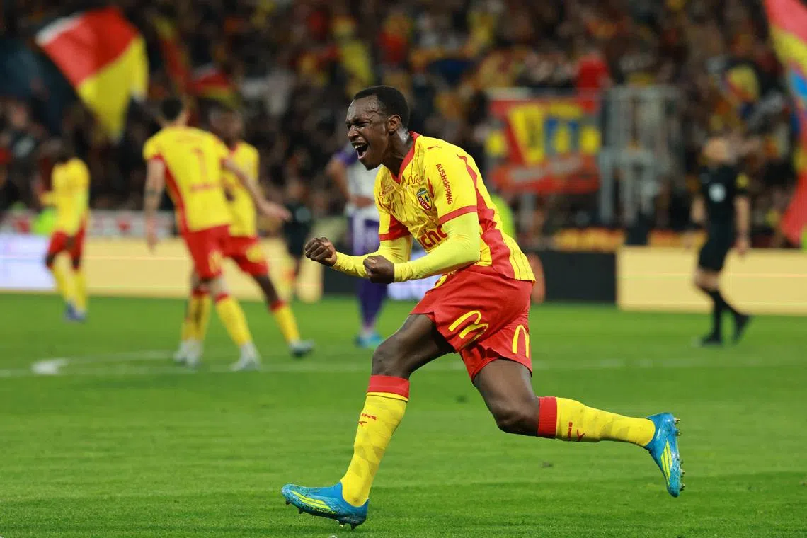 Soccer Football - Ligue 1 - RC Lens v Toulouse - Stade Bollaert-Delelis, Lens, France - April 17, 2026 RC Lens's Saud Abdulhamid celebrates scoring their first goal REUTERS/Stephanie Lecocq