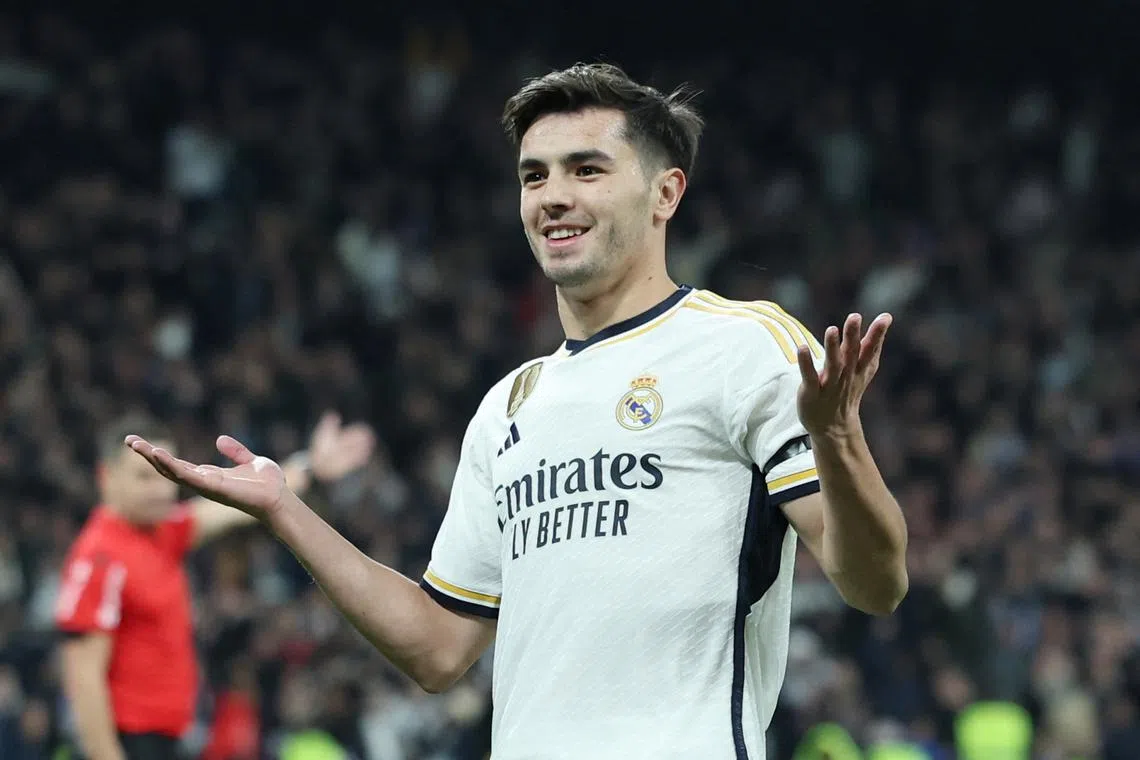 Soccer Football - LaLiga - Real Madrid v Villarreal - Santiago Bernabeu, Madrid, Spain - December 17, 2023 Real Madrid's Brahim Diaz celebrates scoring their third goal REUTERS/Isabel Infantes/File Photo