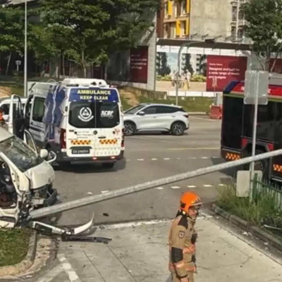 The Singapore Civil Defence Force it rescued a person from the driver's seat using hydraulic rescue equipment.