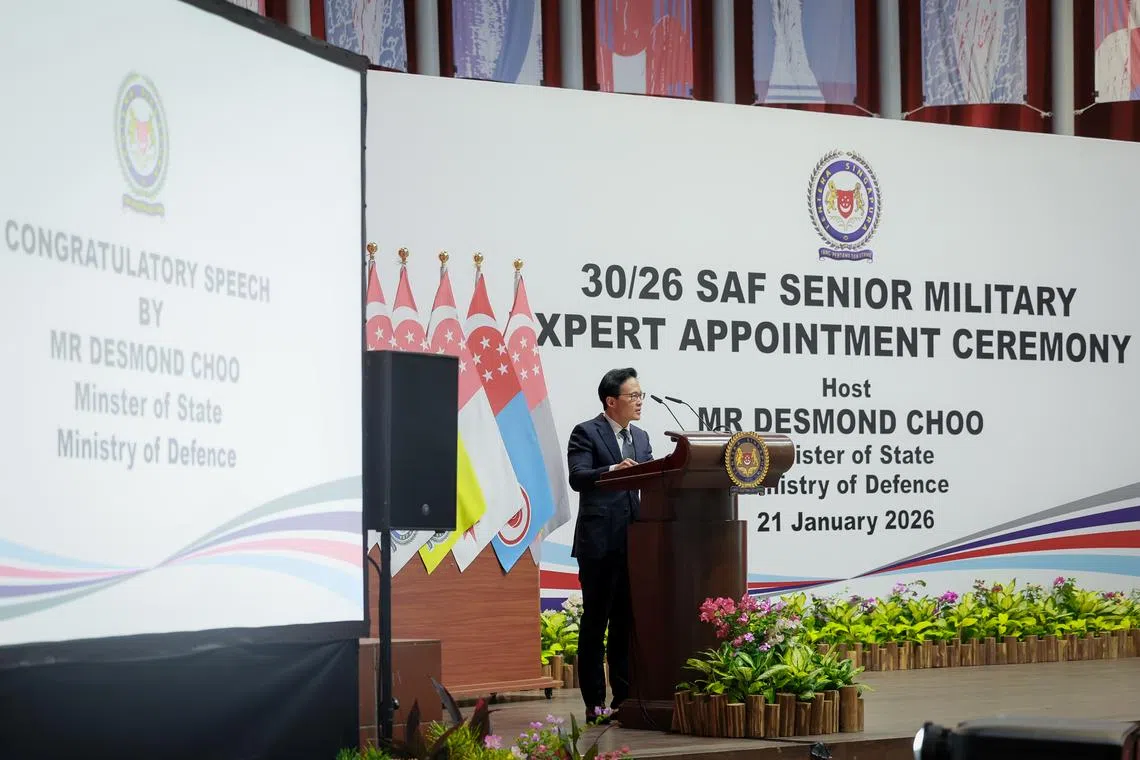 Minister of State for Defence Desmond Choo speaking at the 30/26 Senior Military Expert Appointment Ceremony on Jan 21.