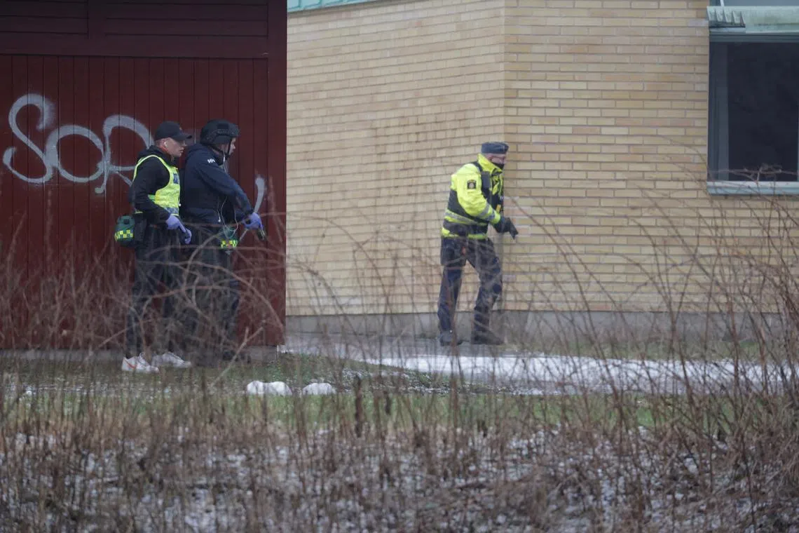 A major police operation is underway at Risbergska School, following reports of a serious violent crime, in Orebro, Sweden, on February 4, 2025. TT News Agency/Kicki Nilsson/via REUTERS