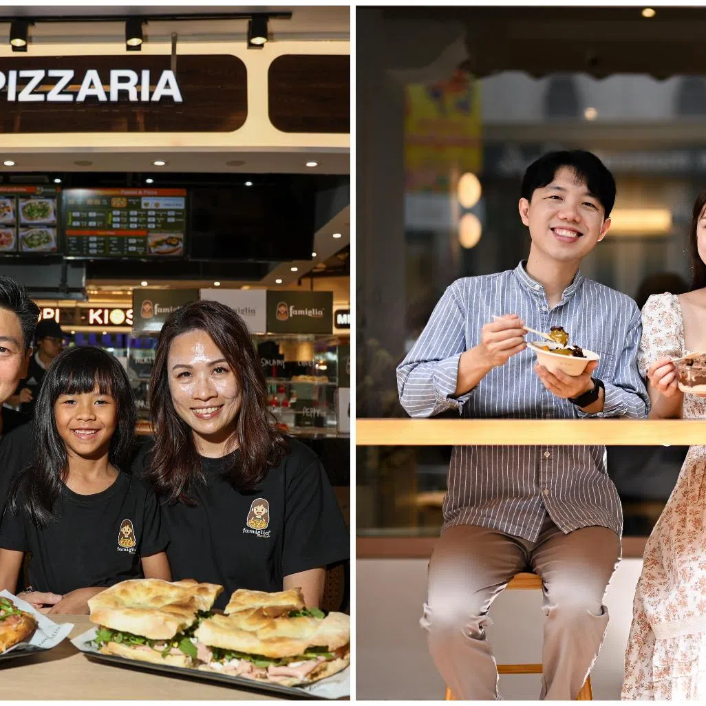 Mr Yap Hong Eng, his wife Betty and their daughter Skylar at their Famiglia Panizza foodcourt outlet (left), and married couple Andy Toh and Cheree Chew at their cafe, Oatsome.
